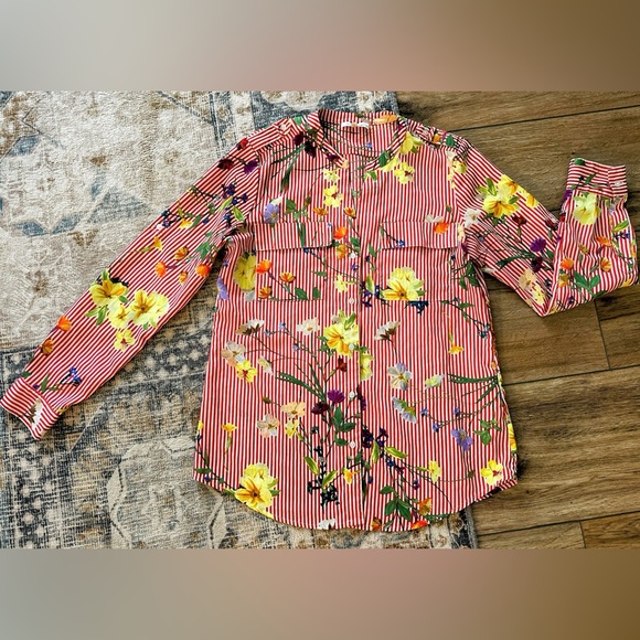Calvin Klein Tops - Calvin Klein Vibrant Red & White Striped Floral Button Down Blouse